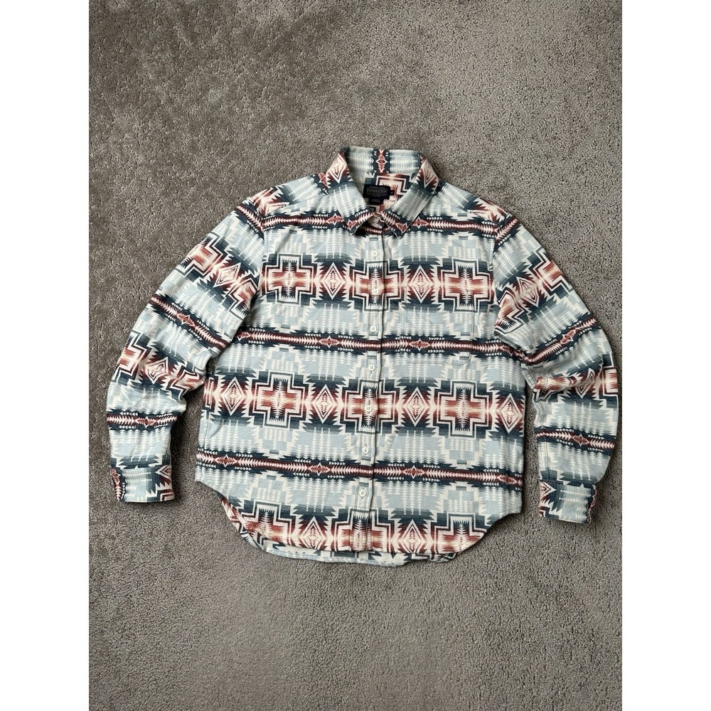Mens Tshirt Button Up Pendleton Shirt Blue Southwestern Aztec, Streetwear Size M